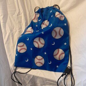 blue polyester drawstring bag with a white and red baseball pattern